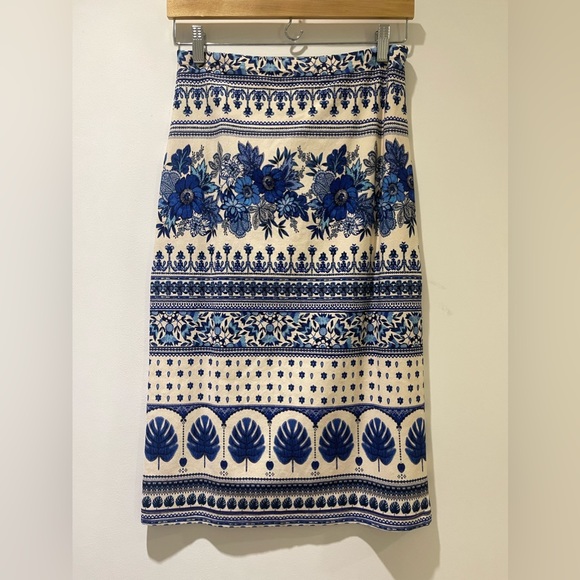 FARM Rio Dresses & Skirts - FARM Rio Cream and Blue Floral Stripe Midi Skirt